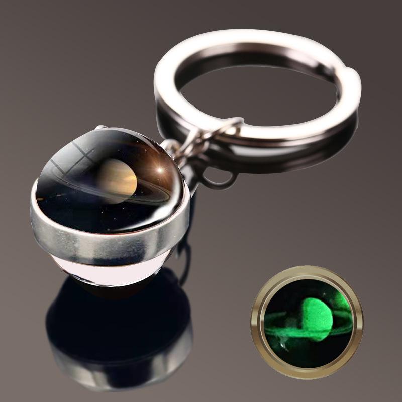 Double-Sided Glass Galaxy Keychain with Moon, Earth, Mars Pendants