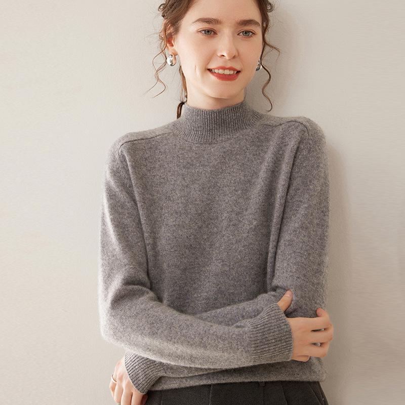 Women's Cashmere Winter Sweater - Half High Neck, Thick Knit, Saddle Shoulder, Loose Fit Pullover.