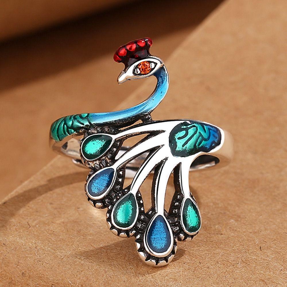 Exaggerated Women Finger Rings Peacock Enamel Retro Ring Fashion Open Rings  Girls