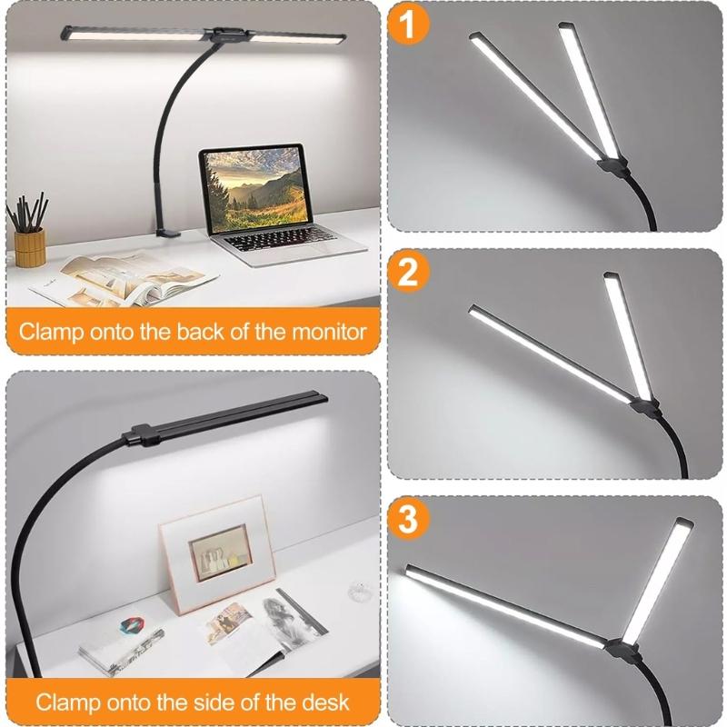 Adjustable Double Head LED Clamp Lamp, Eye Care Study Light With 10 Brightness Setting Office Bedroom Enhances Light