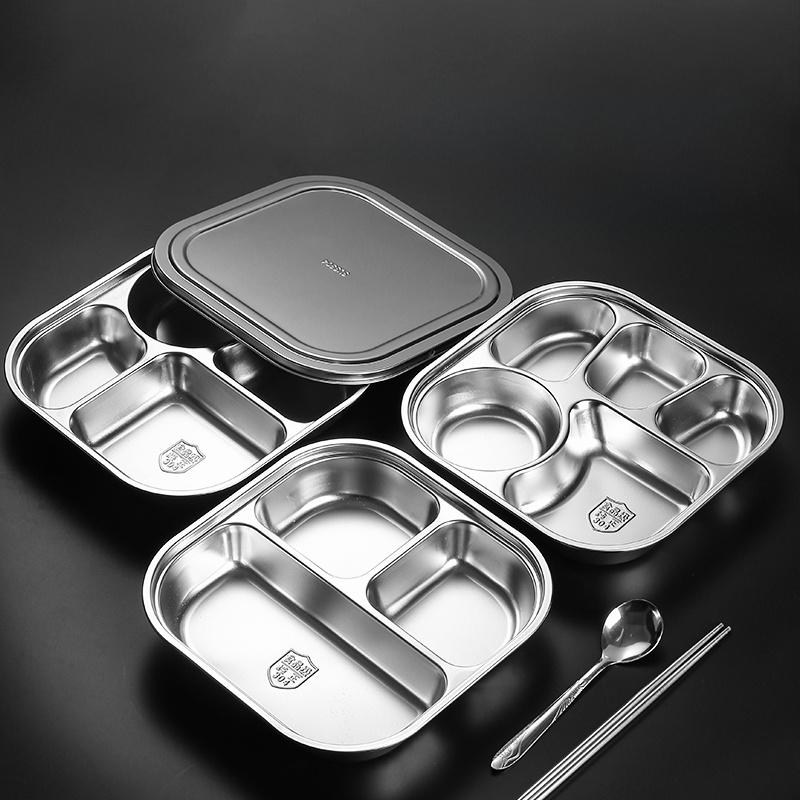 304 Food Grade Stainless Steel Meal Plate Divided with Lid Adult Three Compartment Lunch Box School Student Fast Food Plate