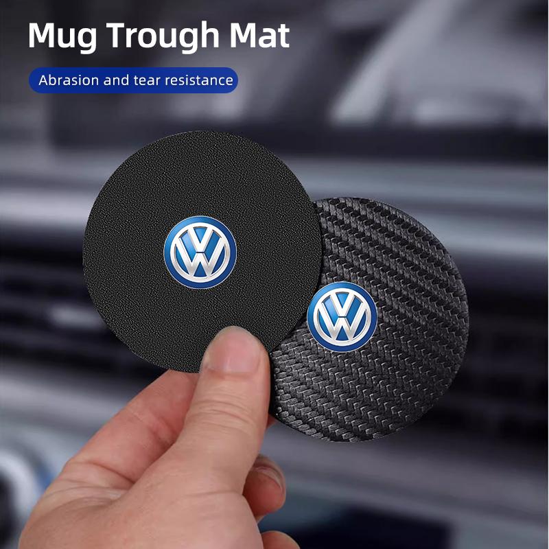HAT1 2Pcs Car Leather/Carbon Fiber Water Cup Coasters Anti-Slip Pads For VW Scirocco Jetta Beetle Golf Passat Tiguan Sharan Touran