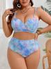 Übergröße Tie-Dye 3-teiliges Bikini-Set Damen Hartschalen-Push-Up-Bikini-Oberteil Wickelrock Überwurf Kurvige Hohe Taille Zweiteiliger Badeanzug Strandbadeanzug