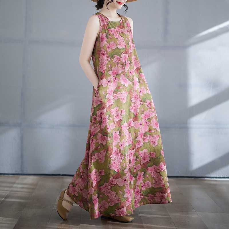 New Summer Bohemian Long Dress with A Fat and Oversized Sleeveless Round Neck Print