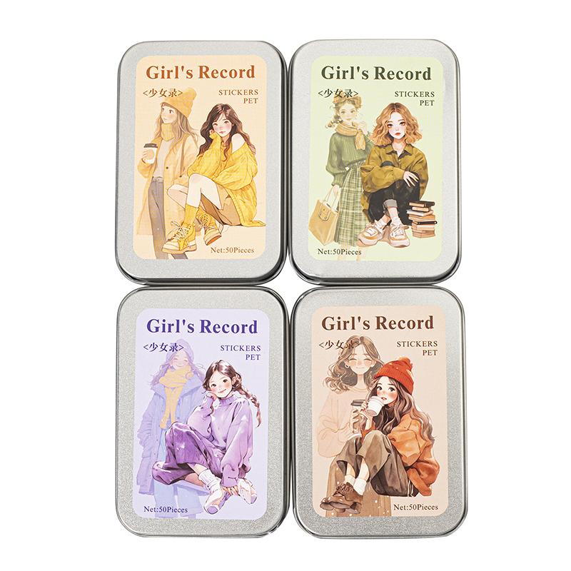50 Sheets/box Sticker Retro Character Girl's Record Series Retro Iron Box Set Character Account DIY Material Decorative Stickers