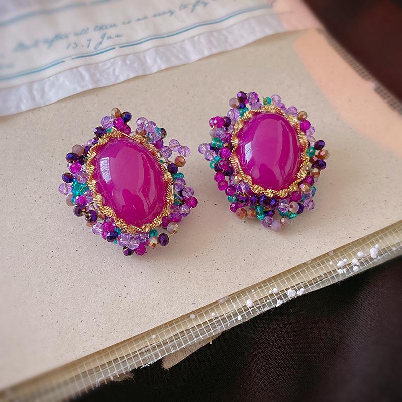 

Retro Oval Crystal Earrings with Silver Studs - French Court Style for Women