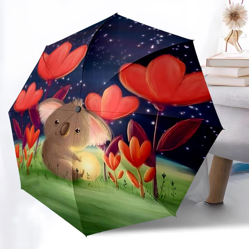 1pc Koala Flowers Night Automatic Folding Umbrella - Compact 8-Rib Design, Durable Plastic & Iron, Lightweight for Outdoor Daily Use078