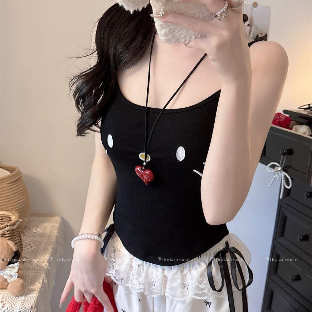 Women s Cute Kitty Print Camisole, Slim-Fit Cotton Spaghetti Strap Tank Top One size