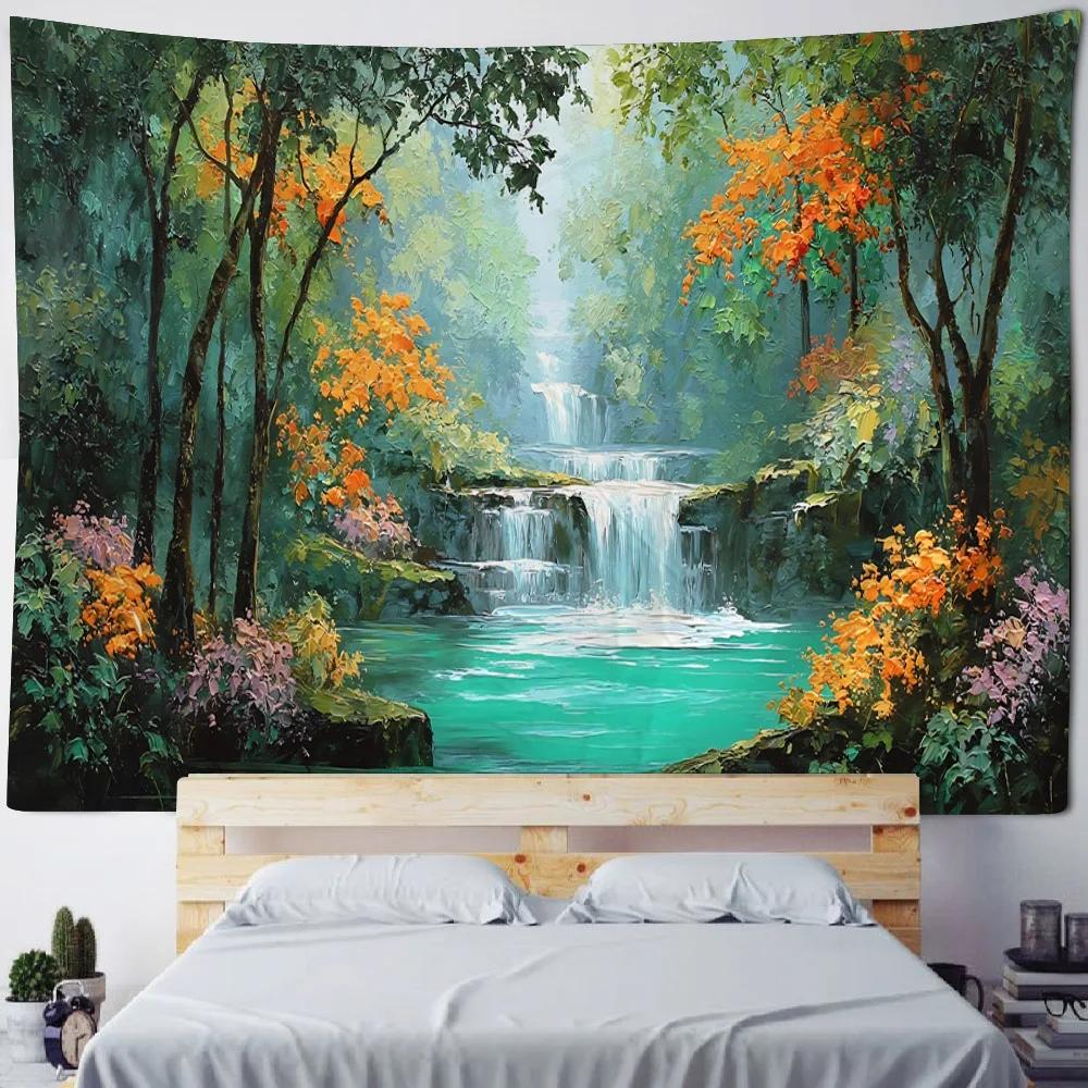 Dreamy Flower Waterfall Wall Hanging Tapestry Soft Polyester Fabric Painting for Living Room Bedroom Office Dormitory Party Deco