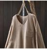Women's Artistic Loose V-Neck Cotton Knit Sweater - Autumn Long Sleeve, Versatile Large Size