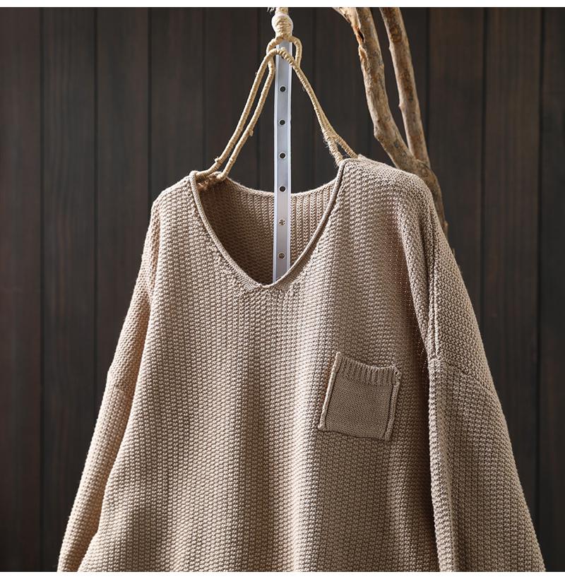 Women's Artistic Loose V-Neck Cotton Knit Sweater - Autumn Long Sleeve, Versatile Large Size