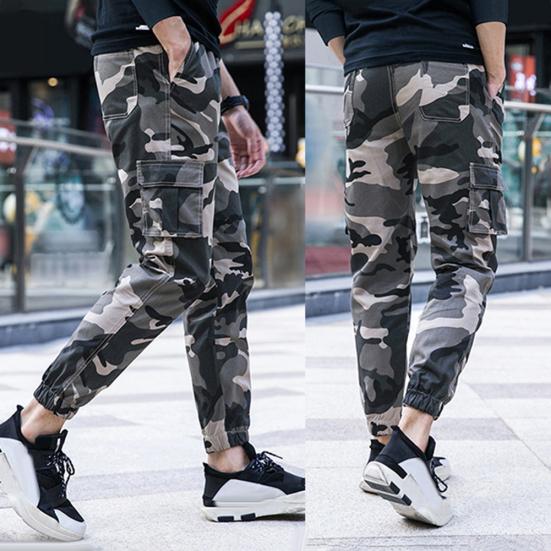 Camo Men Thin Multi-Pocket Ankle Tie Elastic Waist Straight Cargo Pants Trousers