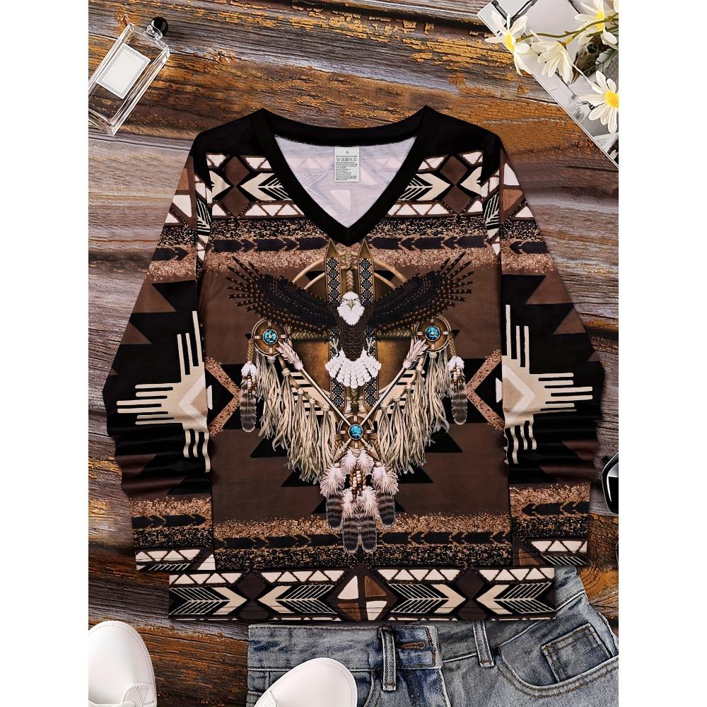 Women's Western Vintage Eagle Pattern V-Neck Long Sleeve T-Shirt - Casual Stretch, Contrasting Color Design