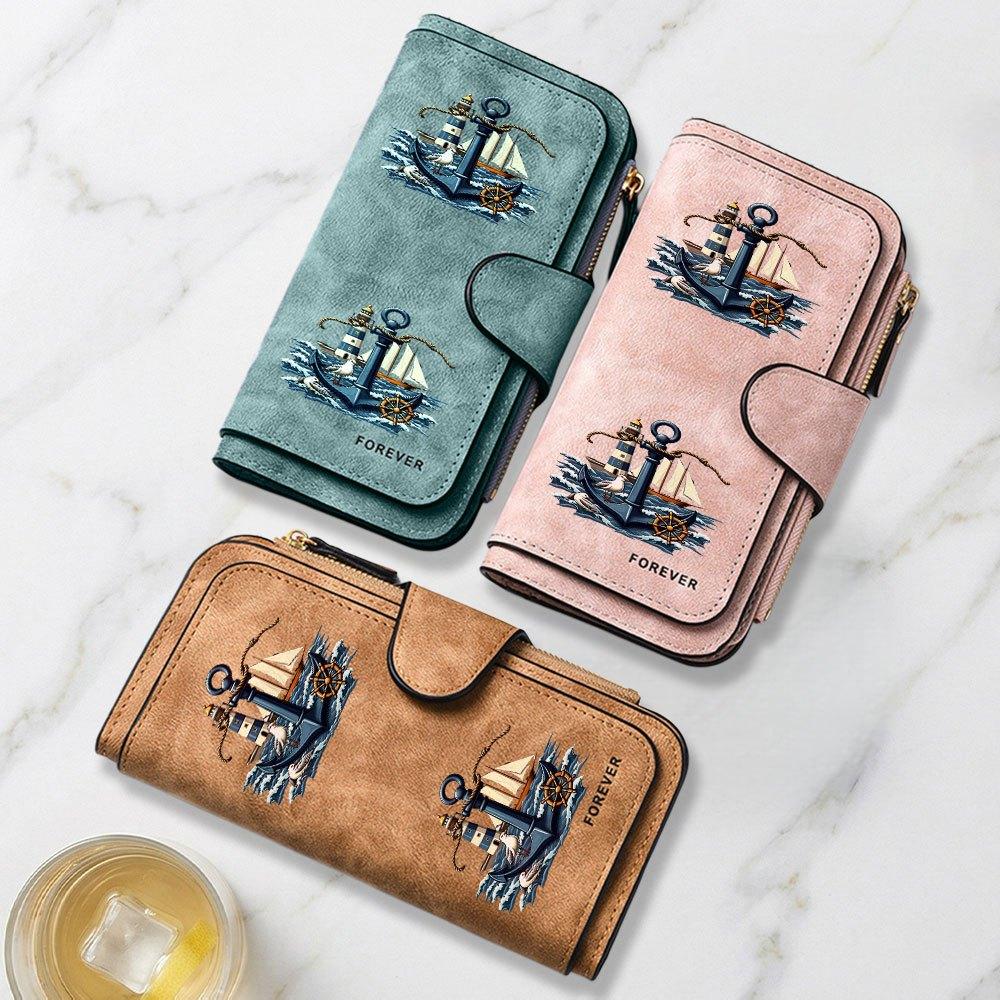 Nautical Themed Anchor Lighthouse Printed Long Wallet Unisex Multifunctional Portable Snap Button Coin Purse Perfect Birthday Holiday Gift For Men