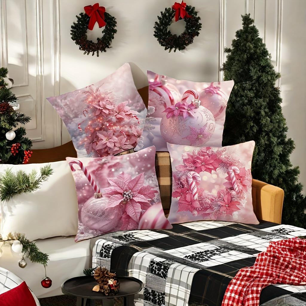 Christmas Decoration Pillowcase New Year Gift Pink Christmas Stick Color Ball Garland Pattern Home Decoration Sofa Cushion Cover