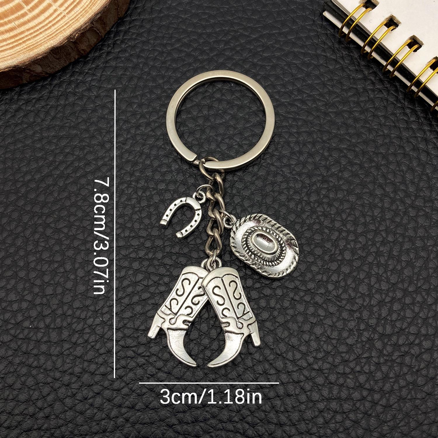Antique Silver Western Cowboy Hat & Horseshoe Keychain Pendant