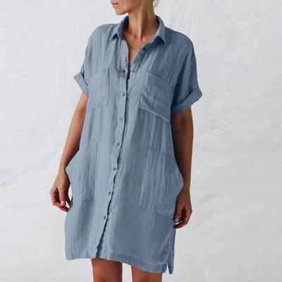 Vintage Summer Cotton Linen Women Shirt Dress Casual Short Sleeve Loose Plus Size Dress Woman Fashion Pockets Lapel Single Breasted Dresses 1006