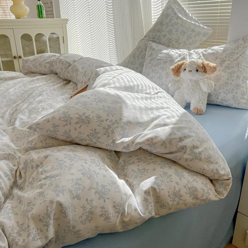 Class A aerobic knitted cotton printing small fresh four-piece set, bed sheet, bed hat four-piece set