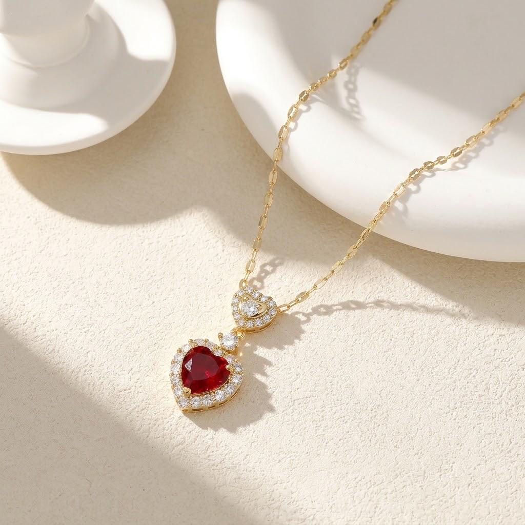 European Retro Titanium Heart Gemstone Pendant Clavicle Necklace for Women