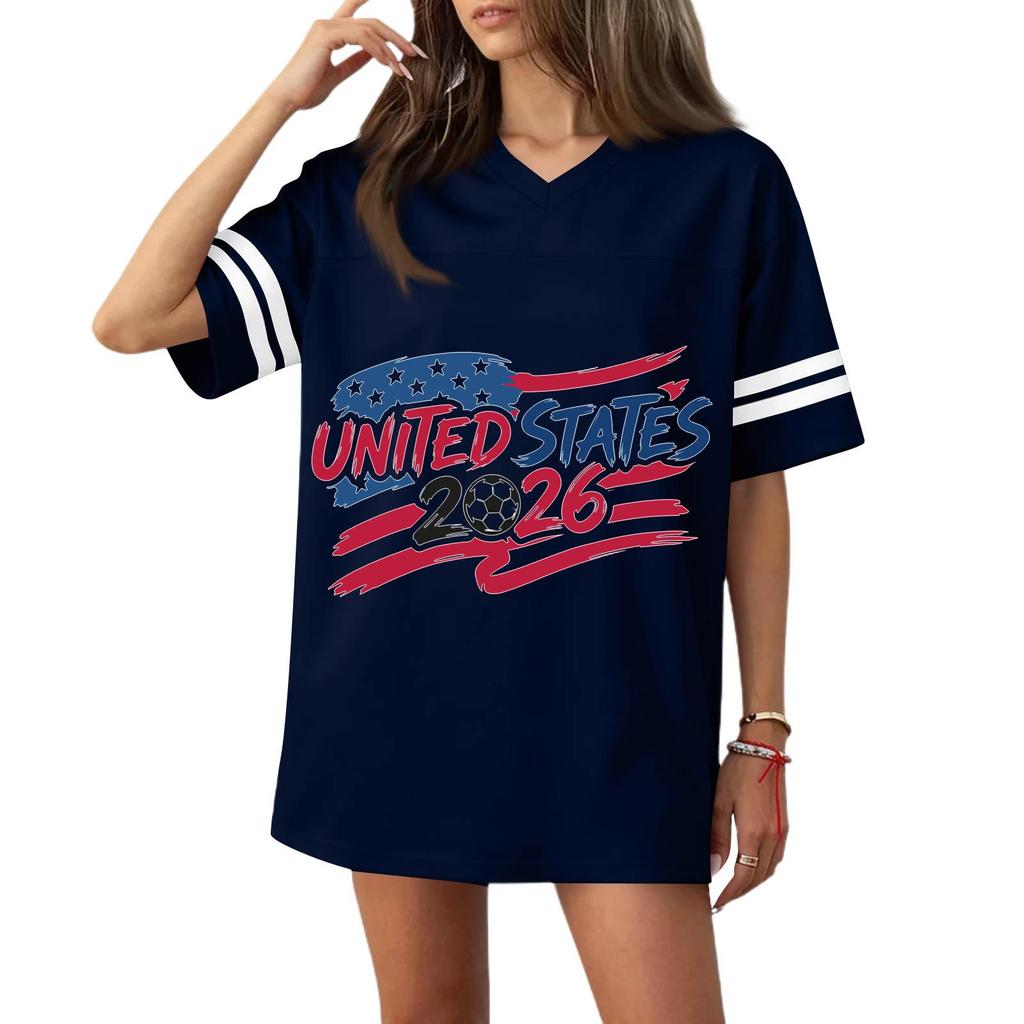 Women’s Casual V Neck Short Sleeve Soccer Jersey Top with States Flag and 2026 Football Graphic Print for Sports and Wear