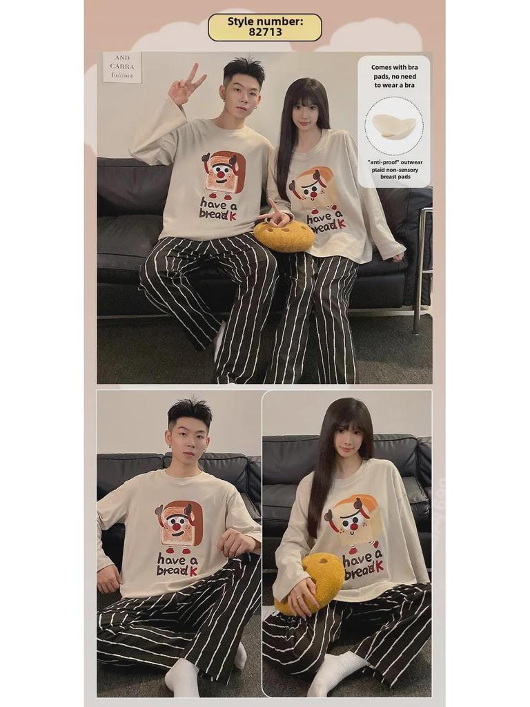 Koreanische Cartoon-Pyjamas für Paare mit Brustpolstern - Langärmlig für Herbst/Winter