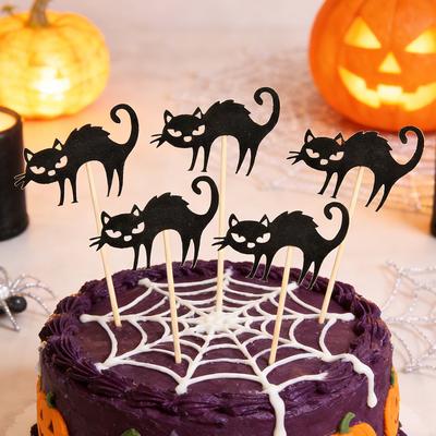5Pcs Halloween Black Cat Cupcake Toppers, Spooky Cat Cake Picks for Party Decorations, Dessert Table Supplies, Trick or Treat Baking Decor