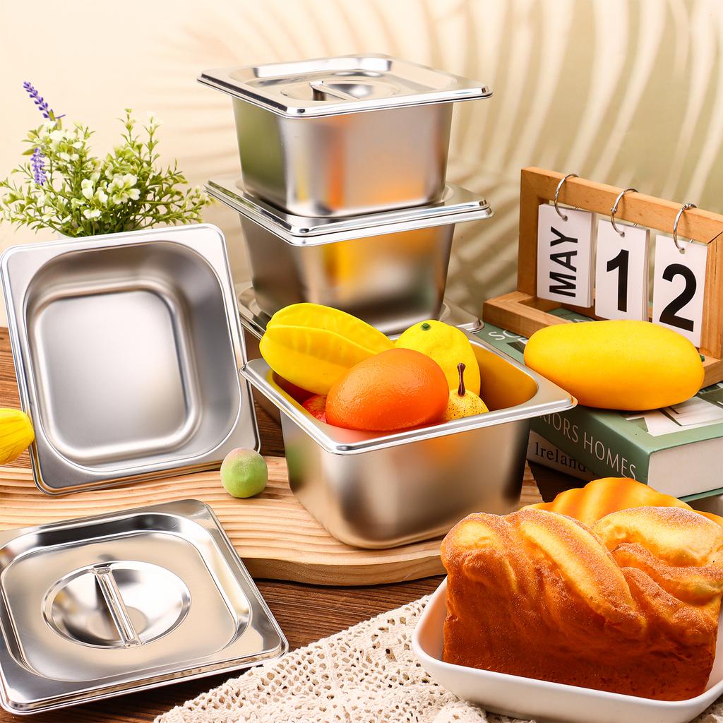 12 Set 1/6 Size Stainless Steel Hotel Pans With Lids 4" Deep Steam Table Pan Food Pan Lid With Handled Catering Food Storage Met