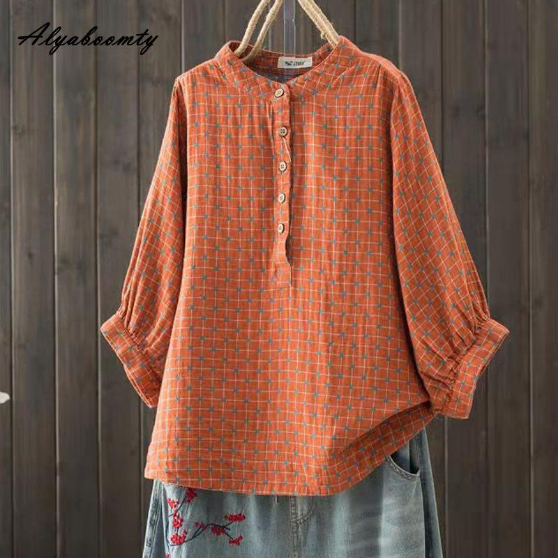 7 Colors Spring Summer Women Casual Blouse Stand Collar Pink Orange Yellow Blue Baggy Shirt Cotton Loose Ladies' Basic Blouse