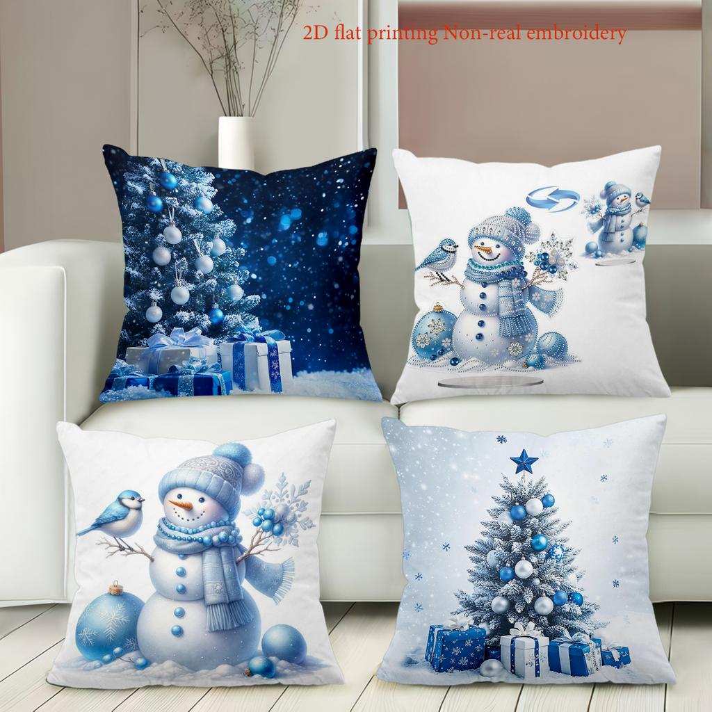 Blue Snowman Tree Gift Pillow Covers for Christmas Decor Polyester pillowcase, sofa decorative cushion cov Headboard Pillow