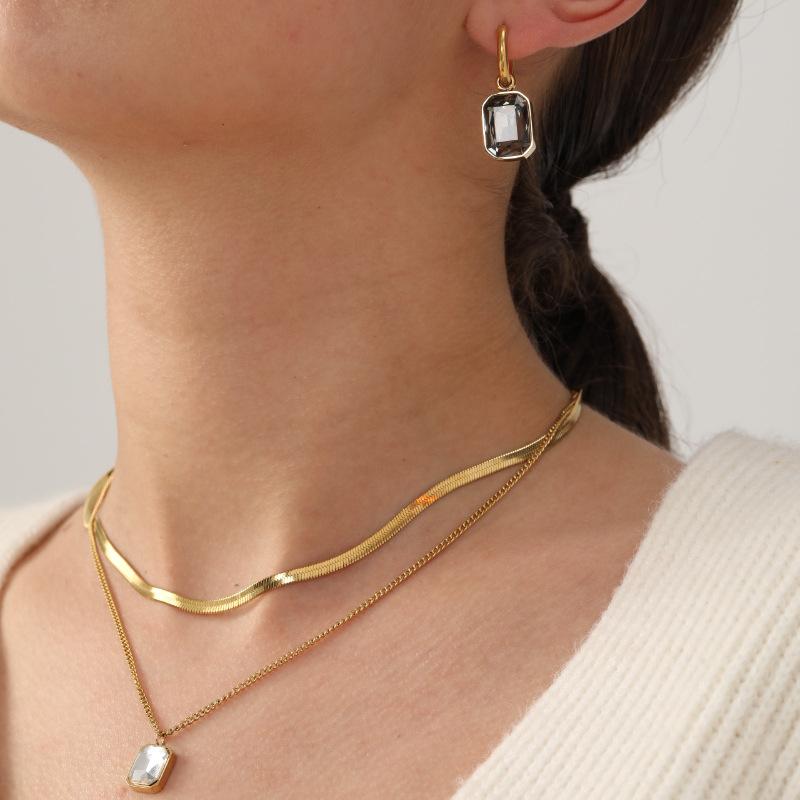 Stacked Double Chain Necklace Trend Diamond Earrings Electroplated 18K Gold Stainless Steel Necklace Women