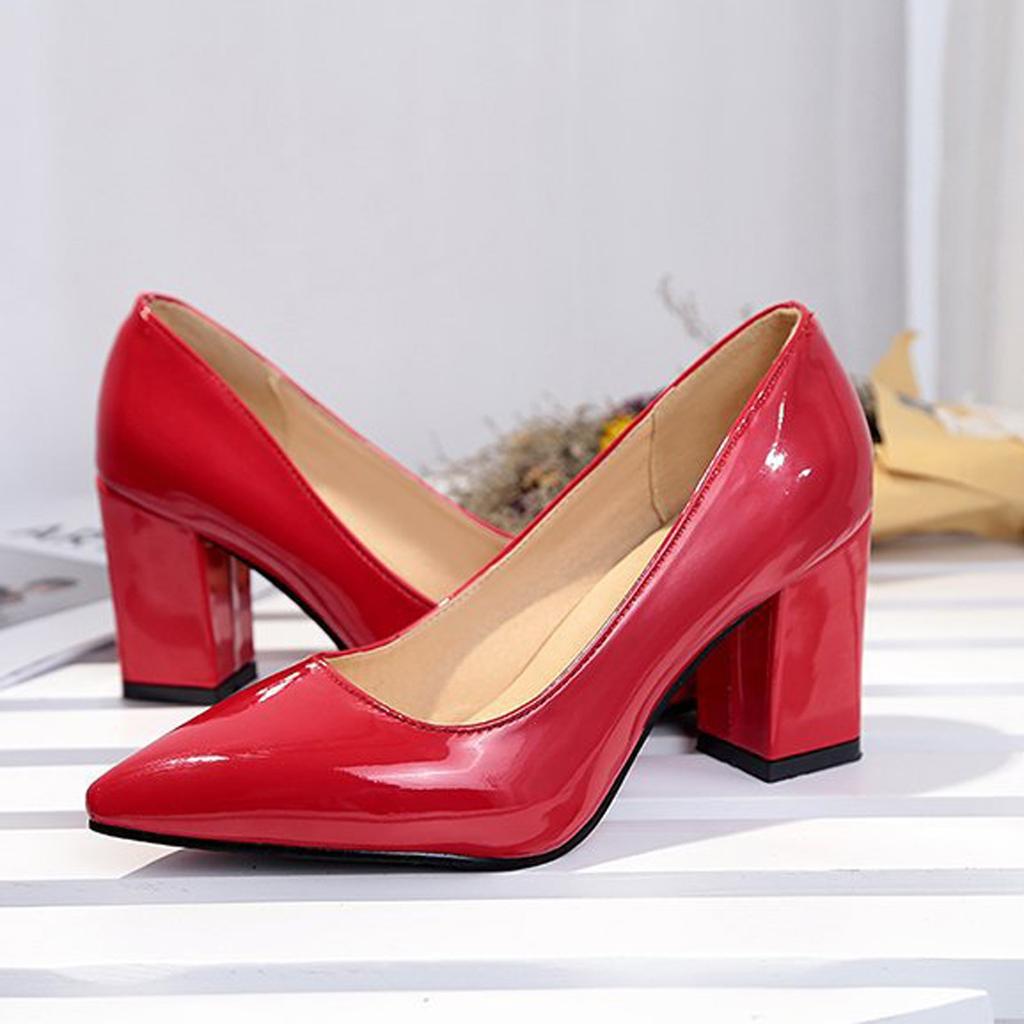 Women's High Heels Red Thick Heel Pointed Toe Glossy Lacquer Leather