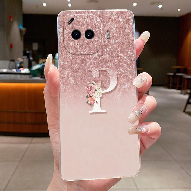 Anti-scratch Phone Case For Vivo iQOO Z11 Turbo Jelly Clear TPU Soft Casing Lucky Initial Letter With Flower Couple Shell