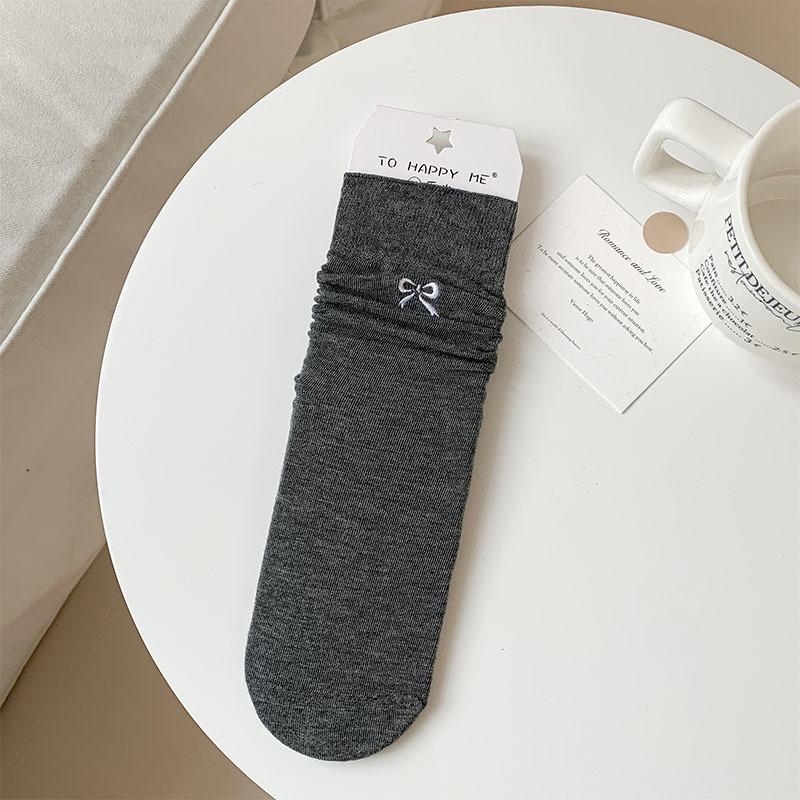 Socks Women'S Stacking Socks Bow Embroidered Women'S Socks Japanese Versatile Anti-Pilling Boneless Solid Color Simple Medium Tube Socks