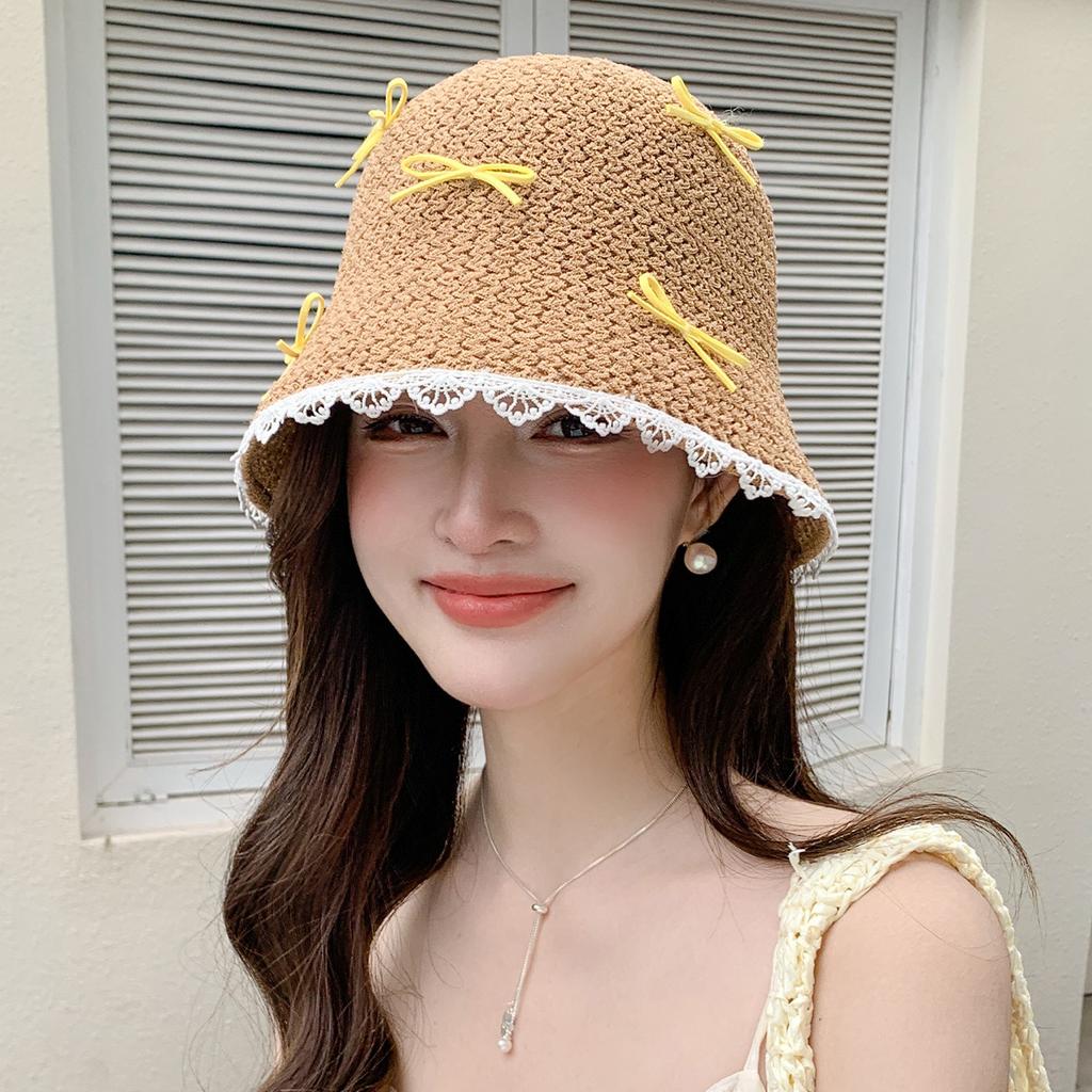 New Hollow Bucket Hat Women's Summer Breathable Sunscreen Hat Sweet Bow Sunshade Bucket Hat