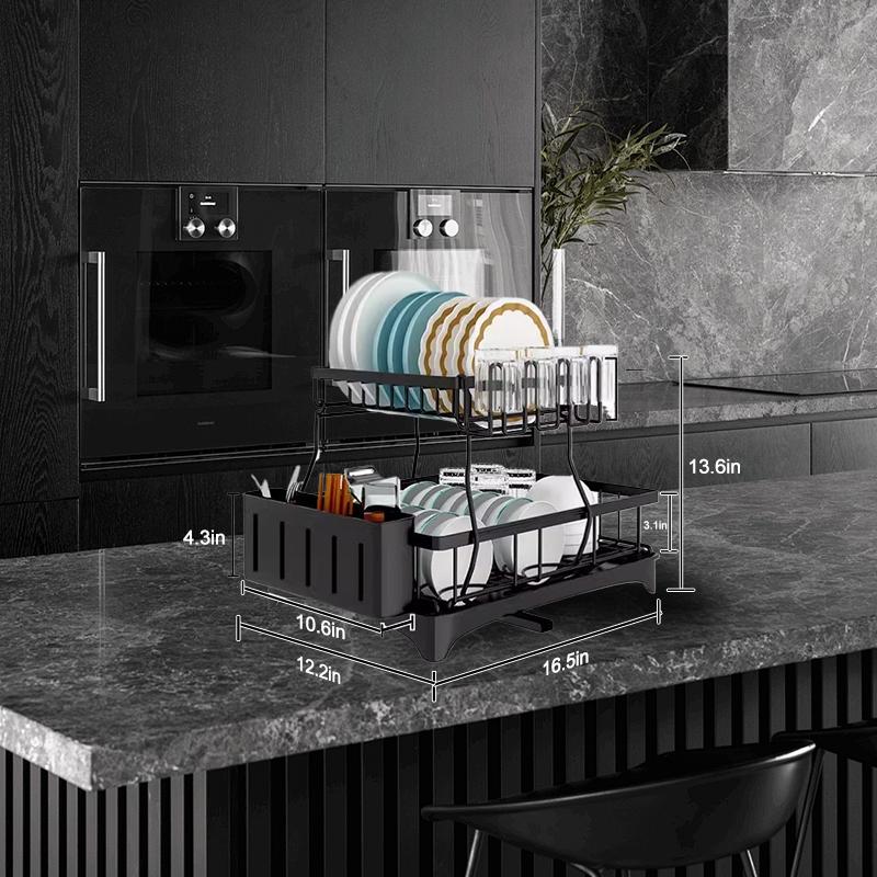Dwupoziomowa suszarka do naczyń z ociekaczem, pojemnikiem na sztućce, uchwytem na kubki i dodatkową matą suszącą - Czarna European Cosina