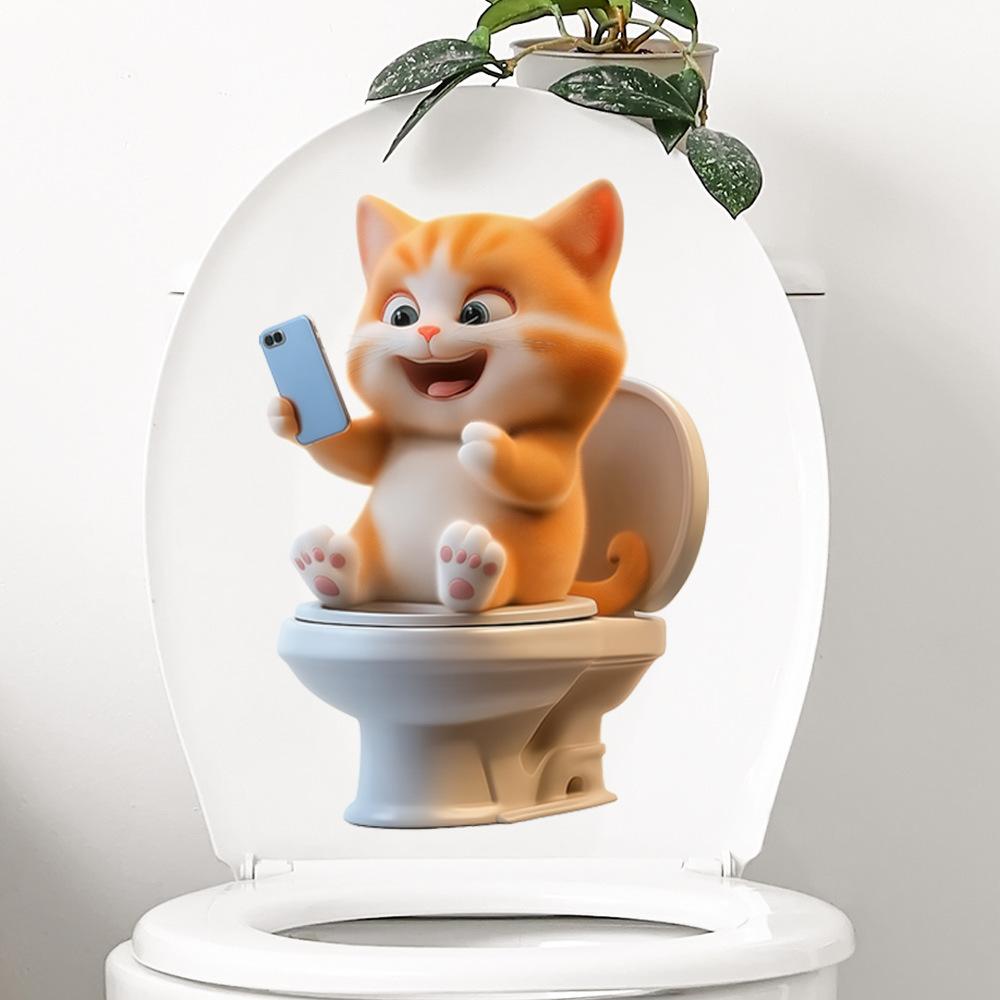 Cute Dog Looking At Phone Waterproof Self Adhesive Toilet Lid Sticker Bathroom Renovation Decor