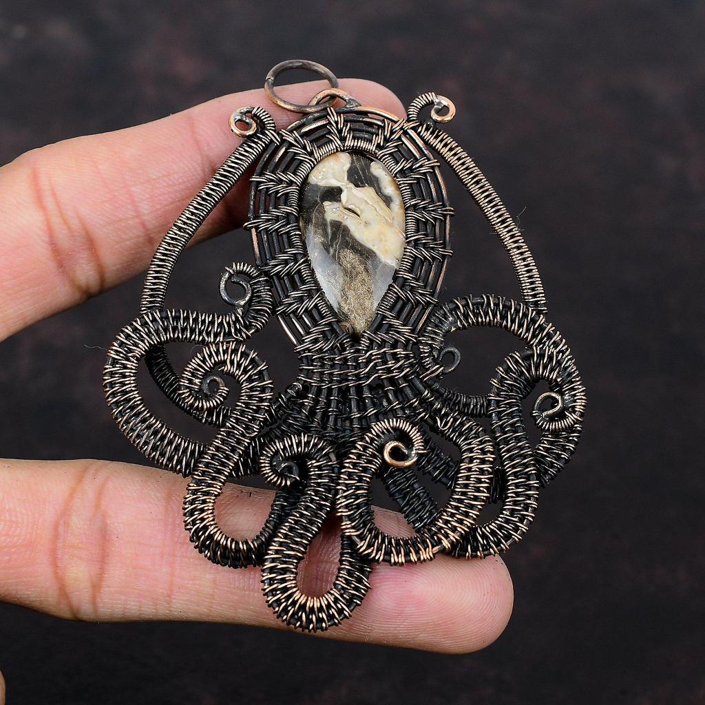 Peanut Wood Jasper Pendant Copper Wire Wrapped Pendant Gemstone Jewelry Octopus Pendant Copper Wire Jewelry Gift For Mother Handmade Pendant