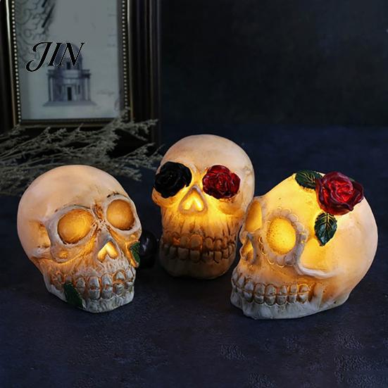 Skull Halloween Lamp Gothic Light Up Rose Flower Figurine, Day of Dead Resin Durable Statue, Spooky Skeleton Head for Desk Home Decor Party