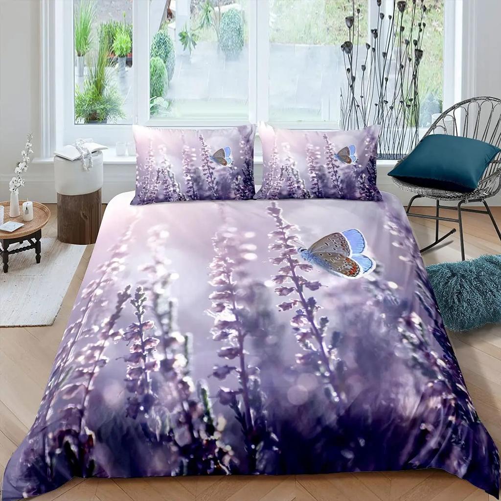 Lavendel King Queen Bettbezug Lila Blume Schmetterling Bettwäscheset Abstrakt Marmor Floral Bettdeckenbezug Polyester Steppdeckenbezug