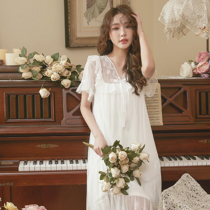 Síťované pyžamo Dámské s výstřihem do V Korejský Vintage Krajkový Elegantní Princezna noční košile s krátkým rukávem Domácí oblečení Midi šaty