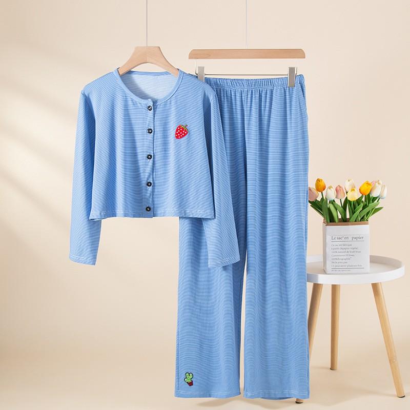Womens Cotton Pajamas Set Long Sleeve Button Front Round Neck Soft Loungewear Pink Blue Strawberry Fall Winter