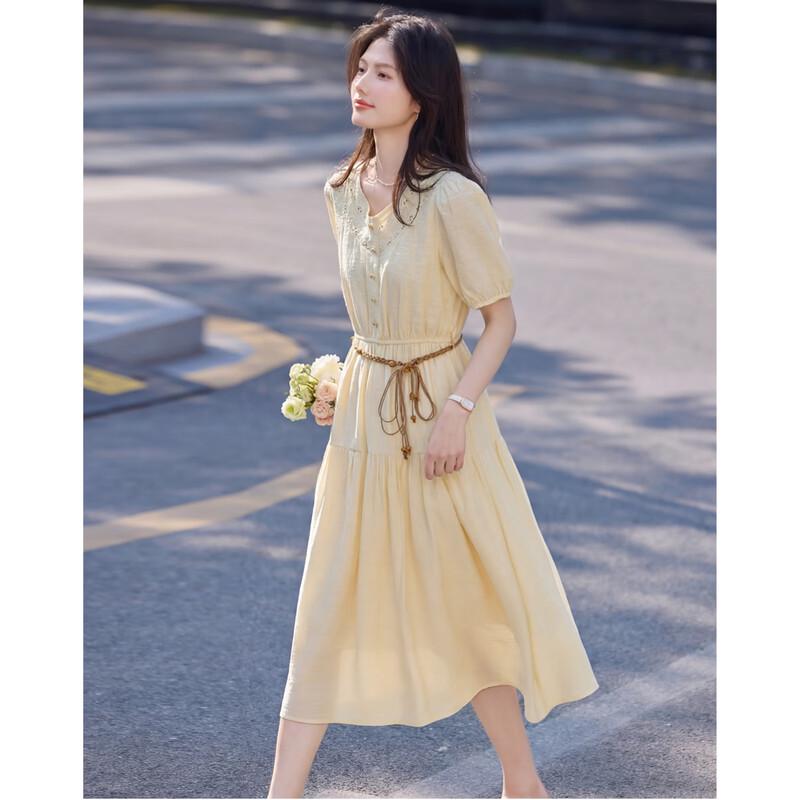 Women's Summer V-Neck A-Line Short Sleeve Tie-Waist Dress