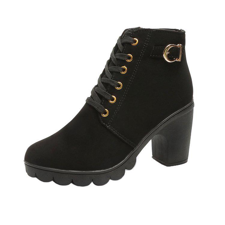 Women's Autumn High-Heeled Boots: Short, Thick-Heeled, Round-Toe Martin Style with Belt Buckles and Lace-Up Design