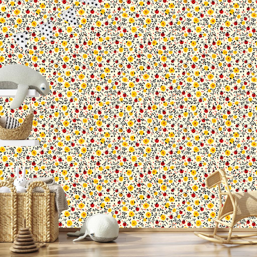 Ladybugs Wallpaper Cream, Beige and Yellow for Living Room and Bedroom 50x1000
