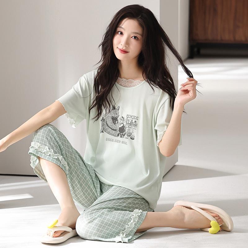 Pajamas women's summer thin Modal cotton short-sleeved cropped pants 1011 new floral loungewear cotton and silk suit