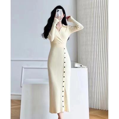 Autumn and Winter Knitted Dress Lapel Slim Fit Knee-length Knitted Dress with Coat Inside 4 Colors