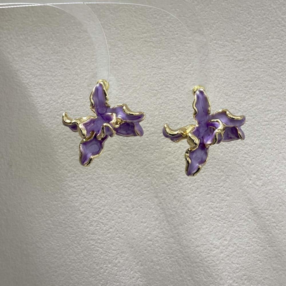 1 pair Temperament Enamel Iris Earrings Luxury Metal Flower Ear Studs Daily