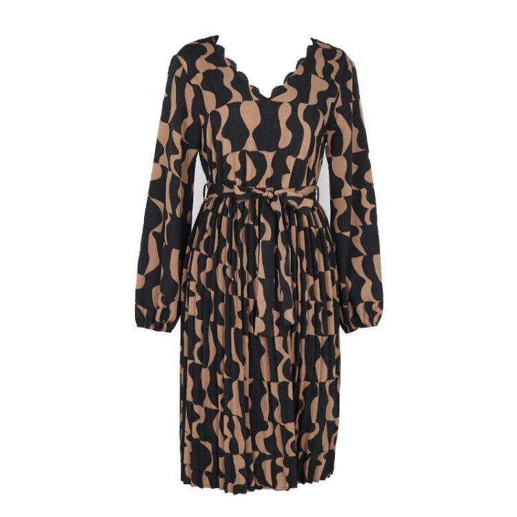 Autumn Winter Women Elegant V Neck Long Sleeve High Waist A Line Knee Length Casual Print Dress