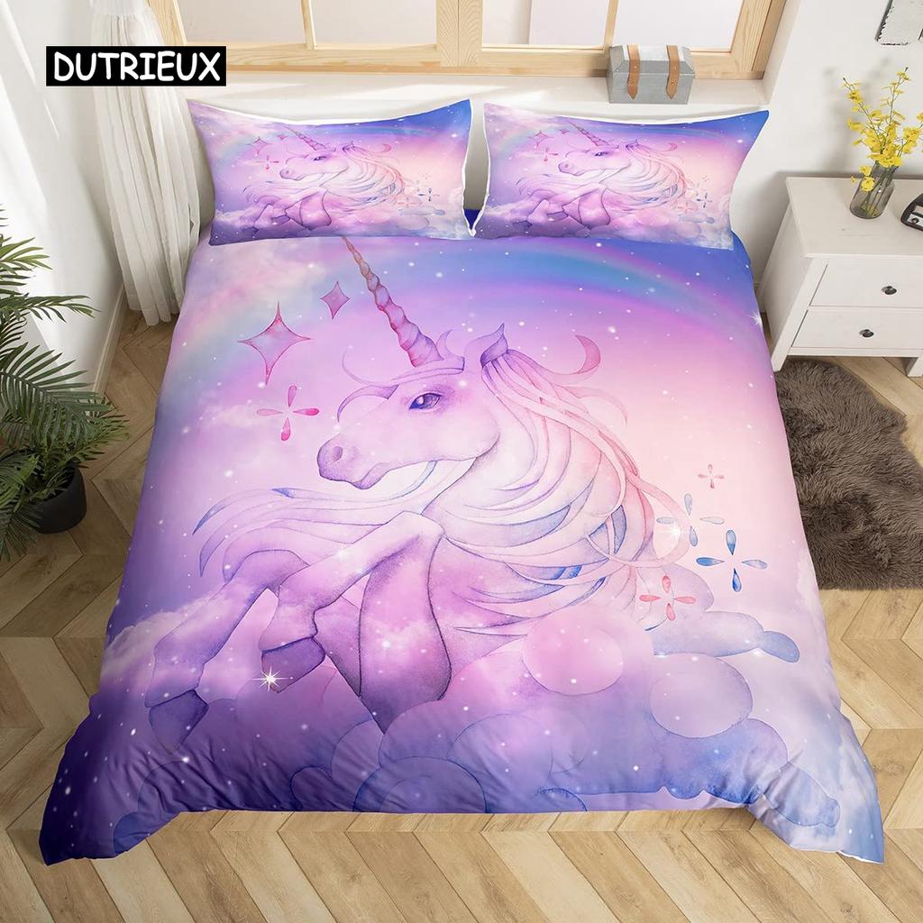 Unicorn Duvet Cover Set Cartoon Animal Galaxy Star Floral Bedding Set for Kids Girls Polyester Romantic Theme Comforter Cover