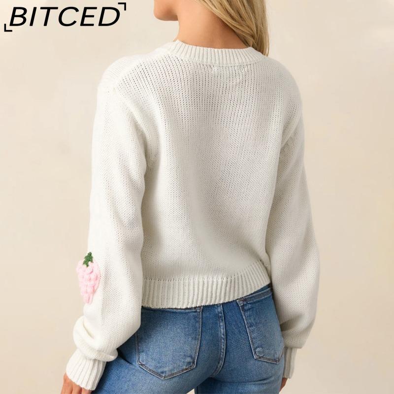 BITCED Pulover de toamnă/iarnă dulce cu model 3D de căpșuni, pulover pentru femei, top tricotat elegant cu mâneci lungi